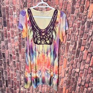 One World Women's Multi-Color Embroidered Mesh Tunic Medium